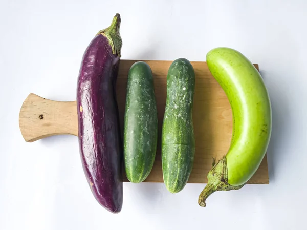 Raw Vegetables Consisting Purple Green Eggplant Cucumber — Stockfoto