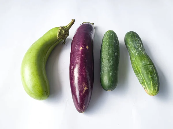 Raw Vegetables Consisting Purple Green Eggplant Cucumber — Stockfoto