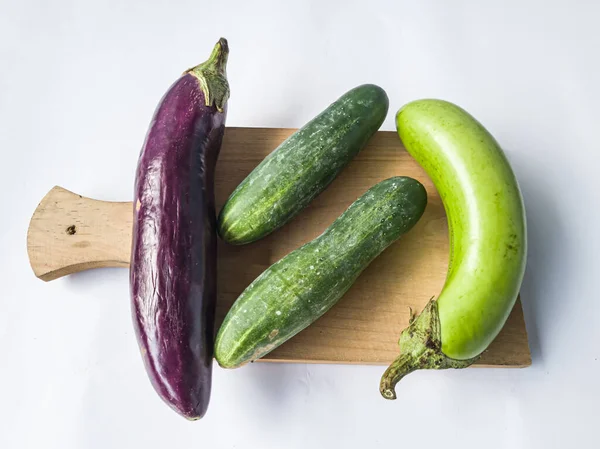 Raw Vegetables Consisting Purple Green Eggplant Cucumber — Stockfoto