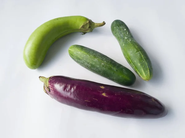 Raw Vegetables Consisting Purple Green Eggplant Cucumber — Stockfoto