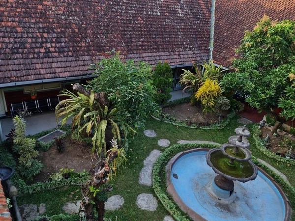 School garden with blue pond with plants around it