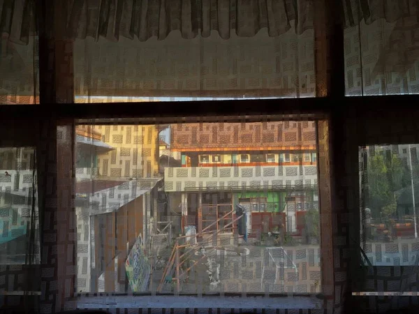 Background Window Curtains Can See Sky Buildings — Photo