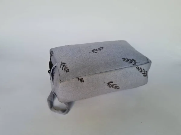 Small Gray Patterned Bag Mukena Holder White Background — стоковое фото