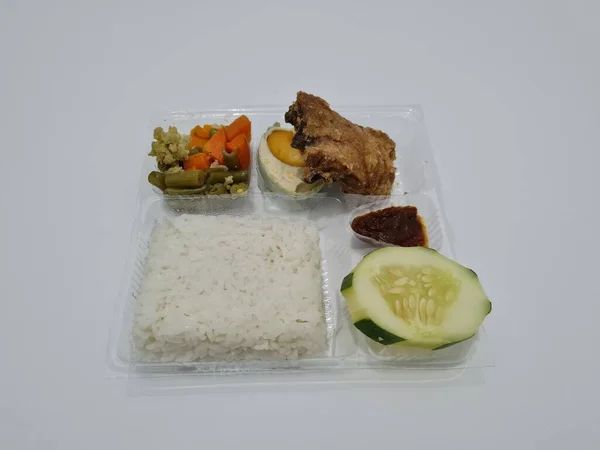 Dish Consisting White Rice Side Dishes Fried Chicken Salted Egg — Stok fotoğraf