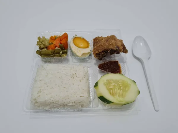 Dish Consisting White Rice Side Dishes Fried Chicken Salted Egg — Stok Foto
