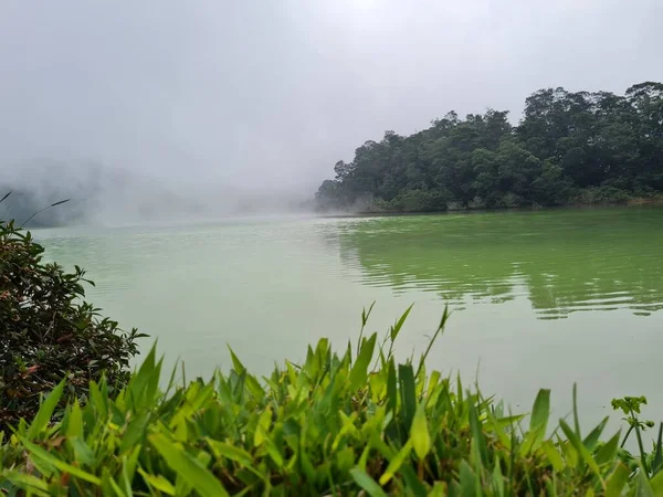 Natural Scenery Green Lake Surrounded Trees Fog — Fotografia de Stock