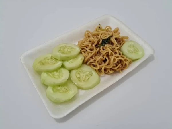 Fried Noodles White Container Cucumber Slices — Stock Photo, Image