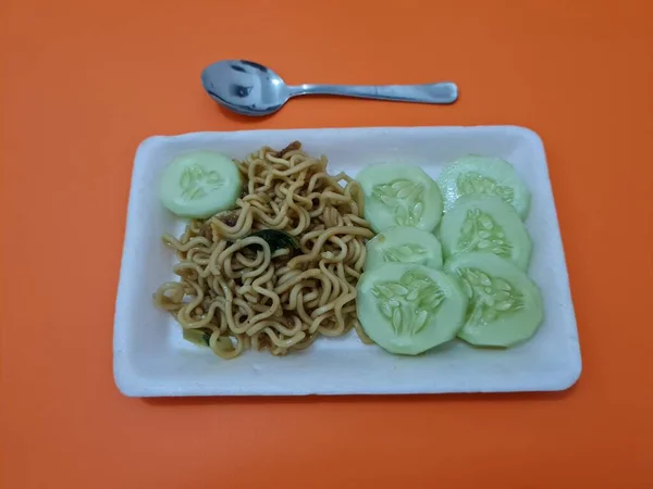 Fried Noodles White Container Cucumber Slices — Stock Photo, Image