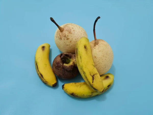 Sárga Banánból Mangosztánból Még Friss Édes Körtéből Álló Gyümölcsök — Stock Fotó