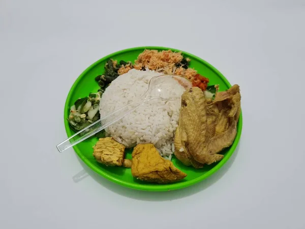 Weißer Reis Mit Tofu Tempeh Huhn Und Frischem Gemüse Geriebene — Stockfoto