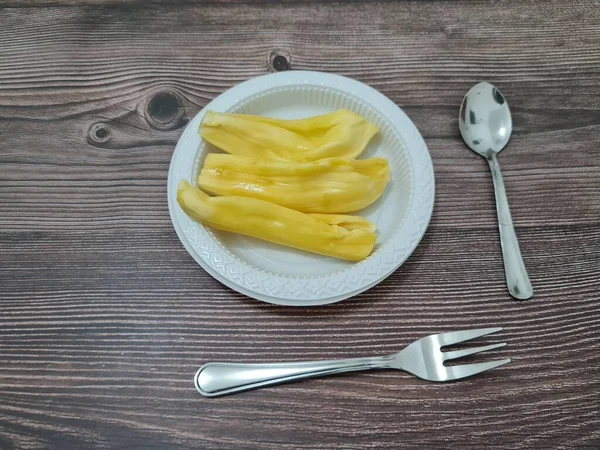 Slices Ripe Yellow Jackfruit Container — Stock Photo, Image