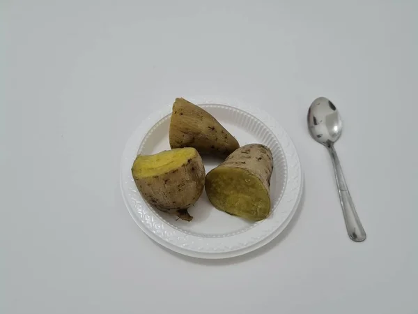 Batatas Doces Maduras Amarelas Cozidas Vapor Contêm Vitaminas Minerais Que — Fotografia de Stock