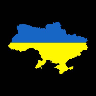 Siyah zemin üzerinde bayrak olan Ukrayna haritası silueti. Ukrayna 'ya yardım et, savaşı durdur, Ukrayna bayrağı için dua et. Vektör illüstrasyonu