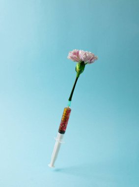 Yaratıcı Coronavirus veya COVID-19 aşısı. Bahar doğası yaratıcı bir fikir. Salgın Virüs Solunum Sendromu. Üzerinde pembe karanfil çiçekleri olan bir şırınga. Minimum Salgın arkaplanı.