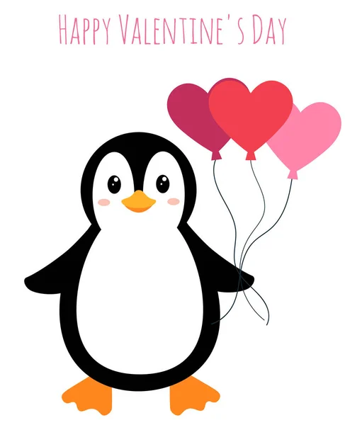 Greeting Card Valentine Day Cute Penguin Cartoon Penguin Hearts Balloons — Vettoriale Stock