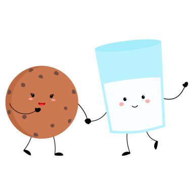 Sevimli gülümseyen chooclate kurabiyesi ve aşıkken süt bardağı. Sevgililer Günü çizgi filmi beyaz arka planda izole edilmiş sevimli yemek karakteri. Sevgililer Günü kartpostalı. Komik karakterli illüstrasyon.