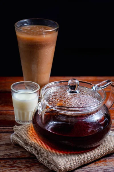 Transparent Teapot Hot Tea Brown Cloth Glass Milk Wooden Table — Stock Photo, Image