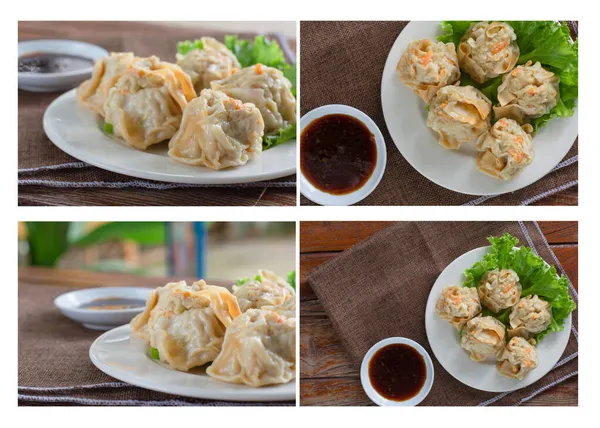 Set Dumpling Chino Vapor Shumai Sobre Plato Blanco Servido Con —  Fotos de Stock