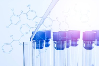 Laboratuvar araştırma konsepti. Kimyasal sıvıyı moleküler kimyasal arka planda test tüpüne atan bilim adamı.