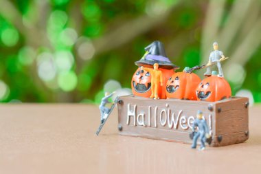 Bir grup minyatür insan, arka planda yeşil bokeh olan balkabağı krikosunu temizleyen küçük model insan figürü takım çalışması. Metnin için alanı kopyala. Cadılar Bayramı konsepti.