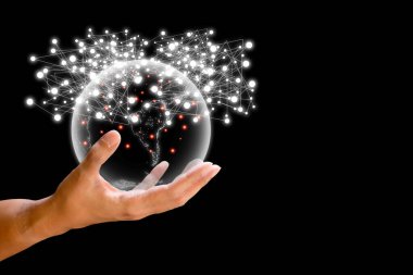 Küresel ağ bağlantısı ve iş ve teknoloji kavramı. Siyah arka planda çizgi bağlantısı olan Dünya 'nın şeffaflığı. İş ve teknoloji.