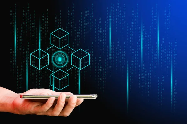 Koncepcja Biznesu Technologii Ręczny Smartfon Kryptowalutą Technologią Blockchain Czarnym Tle — Zdjęcie stockowe