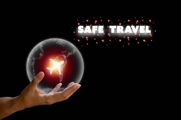 Safe Travel Concept Hand Hold Transparent Earth White Plane Icon — Stock Photo, Image