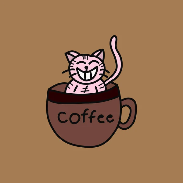 Çizimi Sevimli Pembe Kedi Gülümsüyor Kahverengi Arka Planda Kahve Fincanında — Stok Vektör