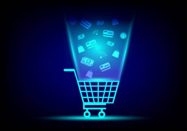 İnternetten alışveriş yapmak. Alışveriş arabası, arama, kredi kartı ve mavi arka planda çanta ikonu. Dijital pazarlama, e-ticaret. Koronavirüsten hayat kurtarmak için karantina.  