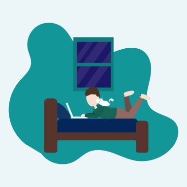 Ev konseptinde çalış. Adam yeşil yatak odasında beyaz kediyle yatağında çalışıyor..