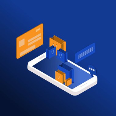 Isometric online alışveriş konsepti. Mavi ve turuncu çantalı akıllı telefon, mavi arka planda kredi kartı..