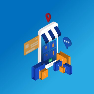 Isometric online alışveriş konsepti. Mavi ve turuncu çantalı akıllı telefon ve uygulama, mavi arka planda kredi kartı. 