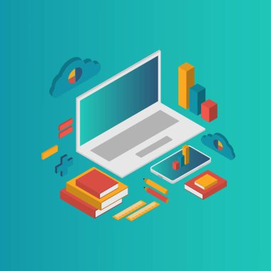 E-öğrenme konsepti. Cep telefonu, kalem, grafik, kitap ve bulut bilgisayarlı bir dizüstü bilgisayarın mavi ve yeşil arka plan üzerinde çalışmak için evden bilgisayarla çevrimiçi çalışması.