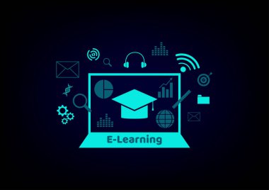 E-öğrenme konsepti. Mavi arkaplanda dizüstü bilgisayar ve eğitim ikonu. Evden bilgisayarla çevrimiçi çalışma. 