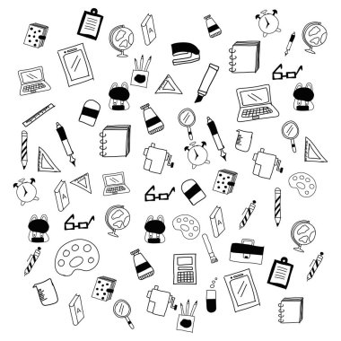 Okul konseptine geri dönelim. Ders çalışmak için beyaz arka planda izole edilmiş el çizimi ekipmanları..