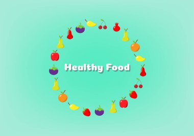 Sağlıklı gıda konsepti. Çeşitli meyve çemberi (portakal, elma, çilek, nar, armut, kiraz ve mangoson) yeşil arka planda sağlıklı besin metniyle. Yüksek vitamin ve lif.  