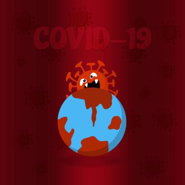 Covid-19 konsepti. Kırmızı korona virüsü kırmızı arka planda Dünya 'yı yiyor. 