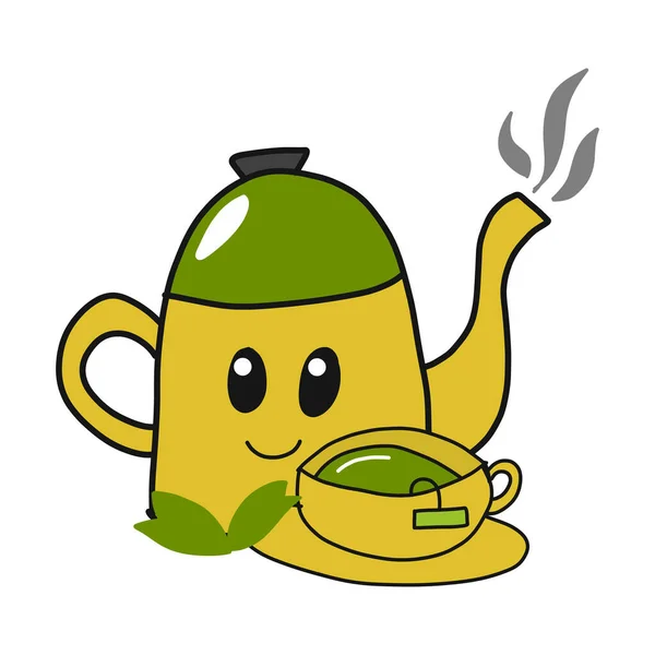 Matcha Green Tea Concept Hand Draw Yellow Teapot Cup Hot — Stock Vector