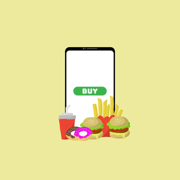 Zakupy Zamówienie Żywności Przez Aplikację Telefon Komórkowy Żółtym Tle Biznes — Wektor stockowy