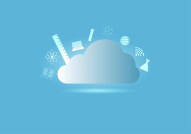 Bulut bilgisayar depolama ve eğitim. Çalışma ve öğrenme ikonu ile mavi gradyan bulut. Veri ve ağ bağlantısı. Okula geri dön..  