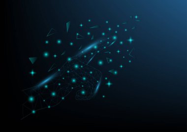 İnsan eli teknolojik konsepte dokunur. Noktalı parmak teknolojisi. Düşük poligon mavisi ve kablo örgüsü. Soyut sanal gelecekçilik..