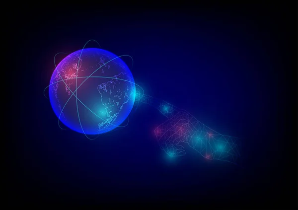Концепція Комунікаційних Технологій Карта Світу Багатокутник Рук Лінією Язку Синьому — стоковий вектор