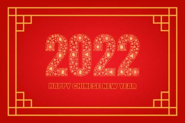 2022 Çin yeni yılı konsepti. Altın 2022, kırmızı zemin üzerinde parlayan kripto para.. 