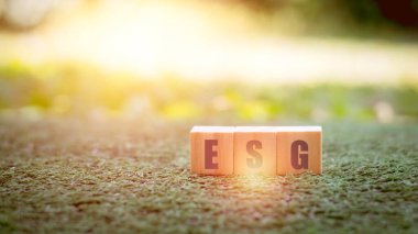 Çevre, sosyal ve yönetim (ESG) kavramı. Yeşil arka planda ESG harfiyle tahta küp bloğu. Kirliliği azaltmak için yenilenebilir kaynak teknolojisini kullanmak