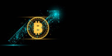 Bullish pazar eğilimi konsepti. Üzerinde mavi üst ok grafiği olan altın kripto para birimi. Engelleme teknolojisi. Yükselt ve Ay 'a uç. 