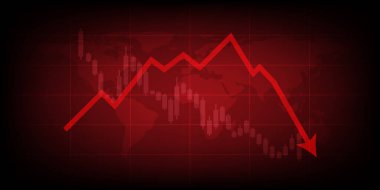 Kırmızı ok grafiği, kırmızı zemin üzerinde dünya haritası olan oku aşağıya bırak. Para kaybediyor. Hisse krizi ve finans kavramı.