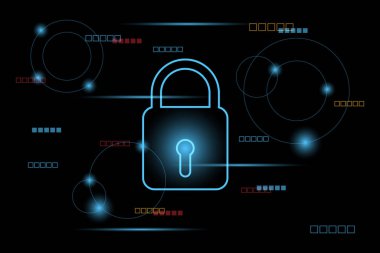 Siber güvenlik kavramı. Teknolojiye kilitlenmiş ve karanlık bir geçmişi var. İnternetteki hacker koruması ve virüsler.