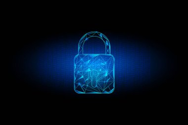 İnternet ve siber suç kavramı. İkili sayı arkaplanlı bir kilidin çokgen çerçevesi. Verileri parola ve koru. 