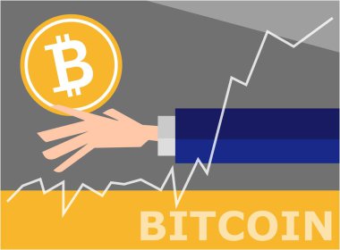 Yükselen bir bitcoin ve bir iş adamının vektör çizimi.