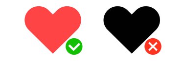 A set of heart mark icons with a check mark and a heart mark with a cross mark. Vectors.